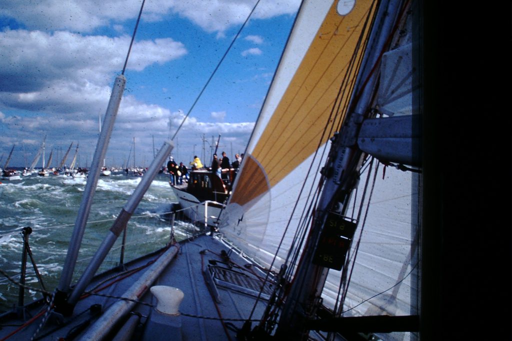 Maiden sails into Auckland in 1989/90. Taken from onboard Maiden looking out at other yachts