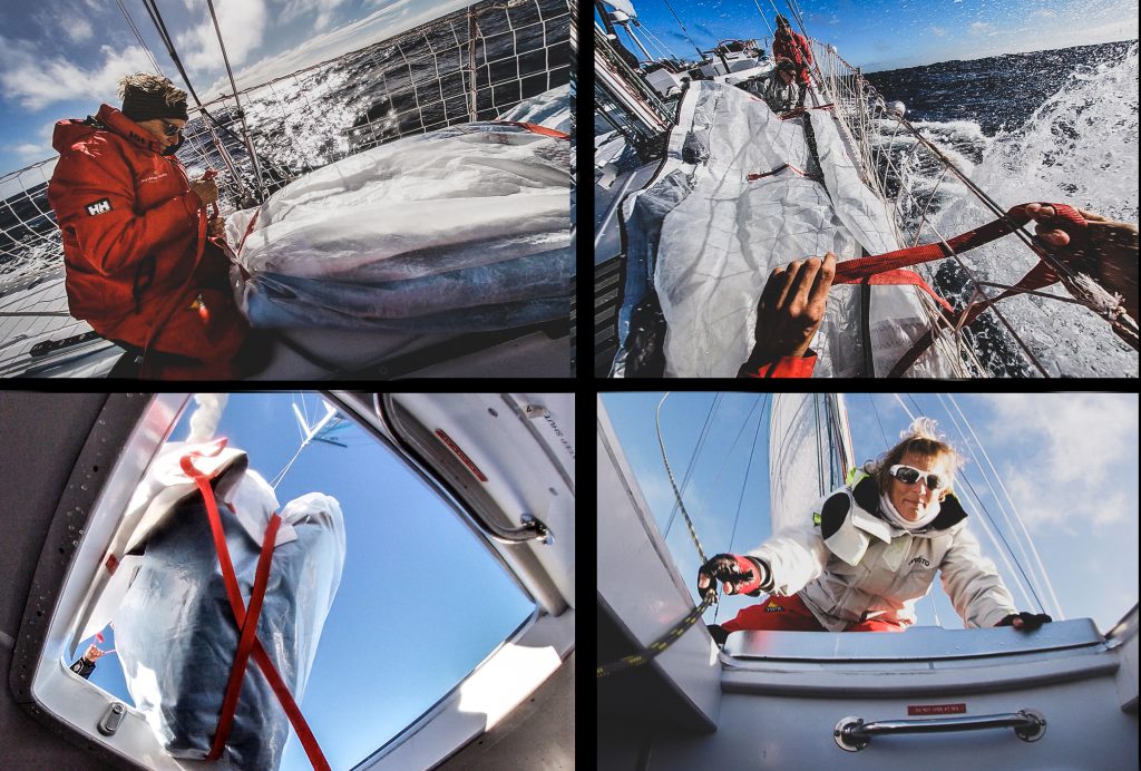 Four images in a grid. Top left - skipper works and deck in foul weather gear, working on a sail. Top right - waves splash to Maiden's right. Hands are in the foreground holding sail ties. Bottom left - the sail through the trapdoor. Bottom left - a sailor looks down below deck to check the sail is down.