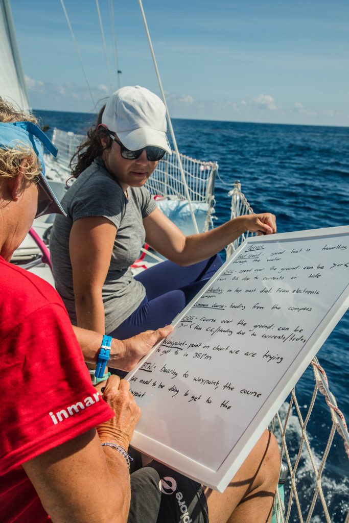 Two women sit on a boat. The women in the foreground is writing on a whiteboard.